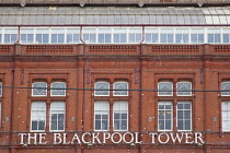 England, Lancashire, Blackpool, Seafront promenade Exterior detail of the red brick tower base.