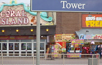 England, Lancashire, Blackpool, Coral Isalnd,seafront promenade tourist attraction arcade.