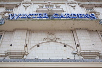 England, Lancashire, Blackpool, Winter Gardens exterior and sign.