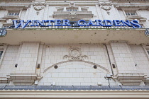 England, Lancashire, Blackpool, Winter Gardens exterior and sign.