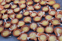 India, Pondicherry, Small clay containers filled with ghee at a local temple - the wicks are lit and used as offerings-.