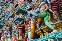 India, Tamil Nadu, Kumbakonam, Detail of the gopuram at the Adi Kumbeswarar temple.
