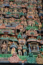 India, Tamil Nadu, Kumbakonam, Detail of the gopuram at the Adi Kumbeswarar temple.