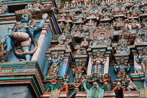 India, Tamil Nadu, Kumbakonam, Detail of the gopuram at the Nagesvara Swami temple.