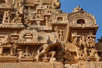 India, Tamil Nadu, Tanjore, Thanjavur, Detail of the gopuram at the entrance to the Brihadisvara Temple in Tanjore.