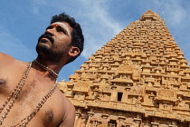 India, Tamil Nadu, Tanjore, Thanjavur, Portrait of a pilgrim at the Brihadisvara Temple in Tanjore.