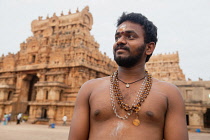 India, Tamil Nadu, Tanjore, Thanjavur, Portrait of a pilgrim at the Brihadisvara Temple in Tanjore.