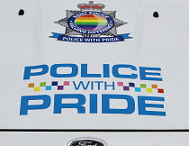 England, London, Police car Bonnet sign written for a Gay Pride March.