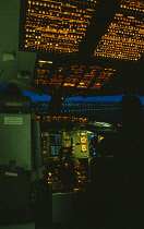 Transport, Air, Aeroplane, Boeing 757 flight simulator cockpit simulating night flight.