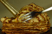 Food, Pancakes, Stack of pancakes with maple syrup being poured.