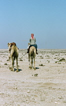 Qatar, Man riding camel in desert with power pylon on horizon.