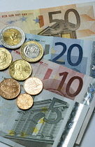 Business, Finance, Currency, Euro, Close up of notes and coins.