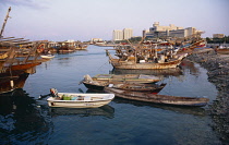 Qatar, Doha, Various boats moored in the harbour.