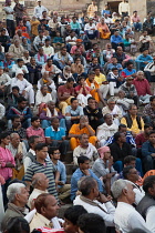 India, Uttar Pradesh, Varanasi, A crowd of pilgrims at Assi Ghat.