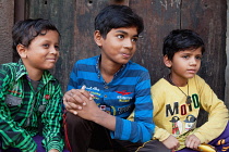 India, Uttar Pradesh, Allahabad, Portrait of three muslim boys.
