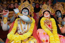 India, Uttar Pradesh, Ayodhya, Hindi gods and deities at a temple.