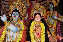 India, Uttar Pradesh, Ayodhya, Hindi gods and deities at a temple.