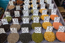 India, New Delhi, Display of spices & lentils in the spice market in the old city of Delhi.