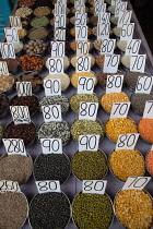 India, New Delhi, Display of spices & lentils in the spice market in the old city of Delhi.