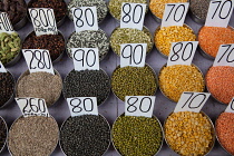 India, New Delhi, Display of spices & lentils in the spice market in the old city of Delhi.