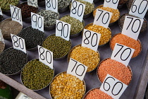 India, New Delhi, Display of spices & lentils in the spice market in the old city of Delhi.