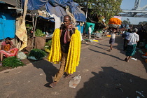 India, West Bengal, Kolkata, A man carrying garlands of marigolds through Malik Ghat flower market.
