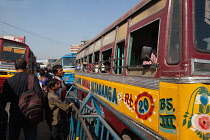 India, West Bengal, Kolkata, Public buses at Howrah Bus Station.