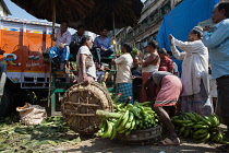 India, West Bengal, Kolkata, Bananas are auctioned at the fruit wholesalers market.