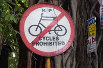 India, West Bengal, Kolkata, A no cycling sign on Park Street,.