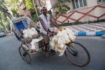 India, West Bengal, Kolkata, A cycle rickshaw driver with chickens for passengers in the Garia district.