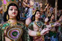 India, West Bengal, Kolkata, Statues of Hindi gods Durga idols in the Kumartuli district.