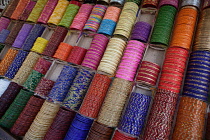 India, West Bengal, Kolkata, Bangles on display in a shop in the Bara Bazar district.