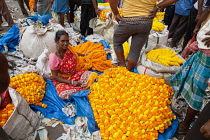 India, West Bengal, Kolkata, Vendor at Malik Ghat flower market.