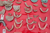 India, West Bengal, Asansol, Display of dentures and dental equipment by a street dentist.