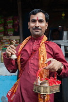 India, West Bengal, Asansol, Portrait of a pandit, a holy man.