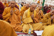 India, Bihar, Bodhgaya, Buddhist monks praying at the Mahabodhi Temple at Bodh.