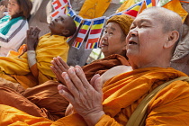 India, Bihar, Bodhgaya, Pilgrims pray at the Mahabodhi Temple at Bodh.