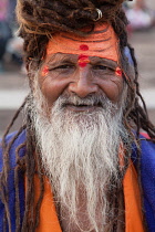 India, Uttar Pradesh, Varanasi, Portrait of a saddhu.