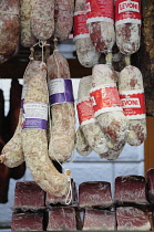 Italy, Trentino Alto Adige, Bolzano, Local dried sausage, Market on Piazza Erbe.