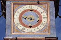 Italy, Trentino Alto Adige, Cavalese, clock detail, clocktower.