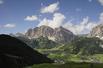 Italy, Trentino Alto Adige, Corvara, valley views towards Sas Songher mountain.
