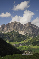 Italy, Trentino Alto Adige, Corvara, valley views towards Sas Songher mountain.