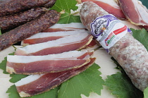 Italy, Trentino Alto Adige, Bolzano, meat selection, speck, sausage & smoked sausage.