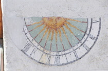 Italy, Trentino Alto Adige, San Lorenzo, sun dial detail.