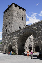 Italy, Valle d'Aosta, Aosta, Porta Praetoria city walls & entrance .