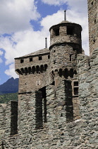 Italy, Valle d'Aosta, castle towers, Fenis Castle.
