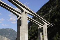 Italy, Valle d'Aosta, A5 motorway bridge spanning valley.