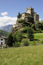 Italy, Valle d'Aosta, Saint Pierre, view of Saint Pierre Castle on outcrop.