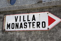 Italy, Lombardy, Lake Como, Varenna, Villa Monastero sign.