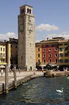 Italy, Lombardy, Lake Garda, Riva del Garda, Torre Apponale in waterfront.